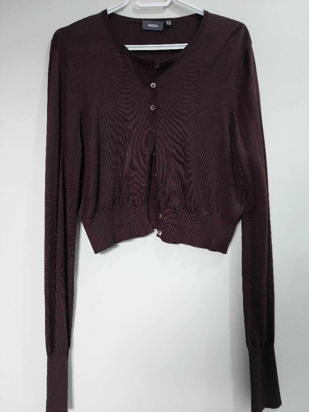 Mexx Women's XL Brown Cropped Crewneck Cardigan Silk Blend